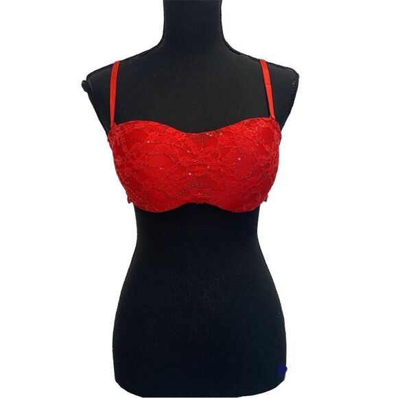 RED lace sequin bra crop top Sz L - Picture 1 of 9